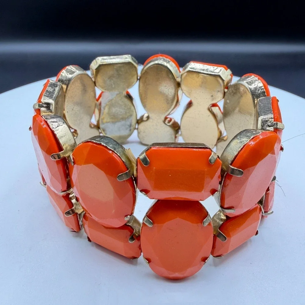 Orange Faceted Rhinestone Stretch Bracelet Chunky Statement Cocktail Boho Gift